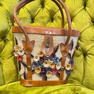 Vintage 1960s Straw Tote Bag Leather Handles Floral Embellished Tan and Brow Bag